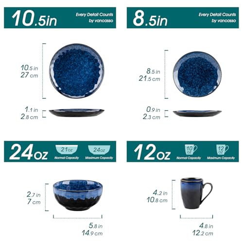 Image of vancasso Starry 16 Pieces Dinnerware Set for 4, Reactive Glaze Blue Stoneware Plates and Bowls Set, Dishes Set with Mugs for 4, Microwave & Dishwasher Safe