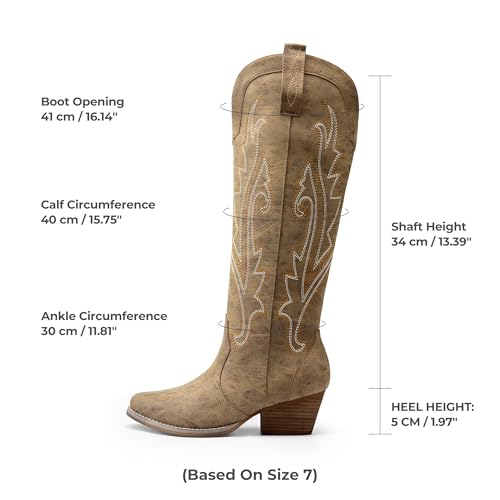 DREAM PAIRS Womens Cowboy Knee High Boots Comfortable Pull On Side Zipper Chunky Heel Embroidered Western Cowgirl Boots Retro Tall Boot,Size 12,Tan,DWUMKB2501