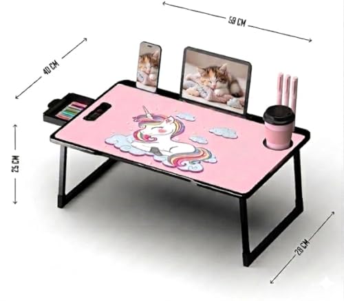 Image of Wood Multipurpose Foldable Laptop Table with Cup Holder | Table Home Study Writing Table, Foldable and Portable /Ergonomic Edges Kids & Adults (TUL-PINK-UNICORN-KUM)