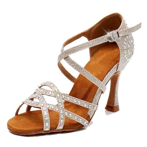 Chaussures de danse latine haut de gamme à sangle strass et talon champagne