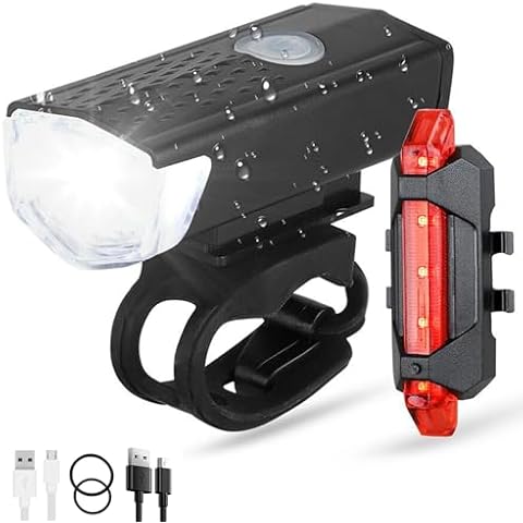 YUERWOVER Rechargeable Bike Lights Set Ultra Bright Bicycle Rear Lights for Night Riding Essential Front Headlight and Back Taillight Waterproof 4 Modes Warning Light for Men Women Kids MTB Cover