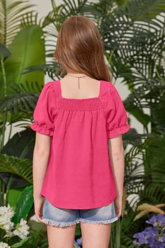 Image of BesserBay Girls Summer Puff Short Sleeve Square Neck Tee Shirts Ruffle Smocked Blouses Cute Swiss Dot Tops 5-14 Years