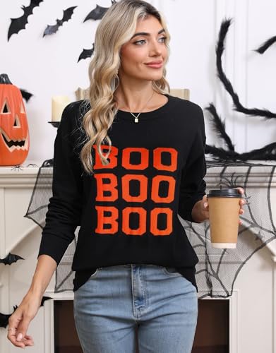 Image of Women's Lightweight Thin Knit Sweater Long Sleeve Crew Neck Boo Pattern Halloween Pullover (Black 76,Large)