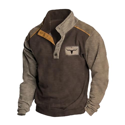 Image of Sweatshirts for Men Vintage Western Cowboy Printed Stand Collar Button Up Mens Jumpers Shirts Long Sleeve Pullover Trendy Casual Sweatshirt Winter Fall Sweater Jumper (Army Green, L)