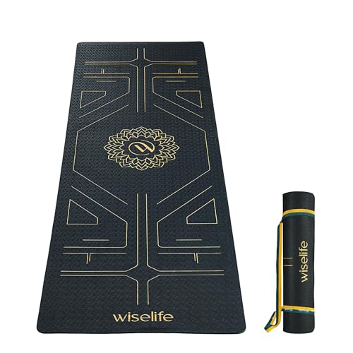 Image of Wiselife True Alignment Yoga Mat + Sleek Yoga Strap For Men And Women | Probalance Eco-TPE Material 6MM | Extra Thick Extra Long Extra Wide | Charcoal Black