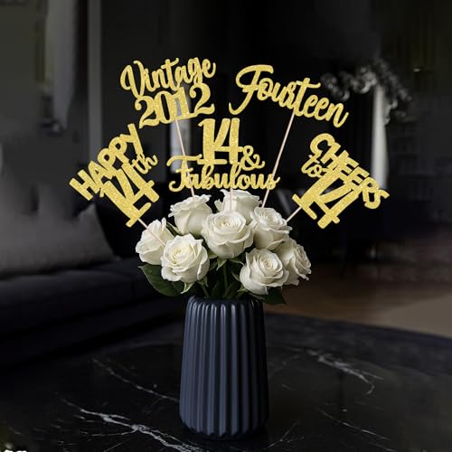 Image of 15 PCS 14th Birthday Centerpiece Sticks Fourteen Happy 14 Vintage 2012 Table Flower Centerpieces Sticks Cheers to 14 Fabulous Floral Decorations for 14th Birthday Party Supplies Gold