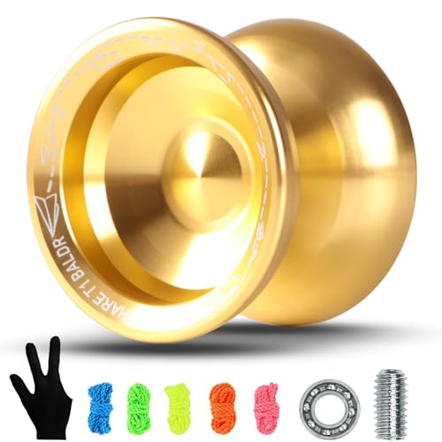 JOLESHARE Professional Unresponsive Yoyo for Pros and Responsive Yoyos for Kids Beginners, Package Includes Replaceable Responsive Bearings, yo-yo Gloves, and 5 yo-yo Cords(Gold)