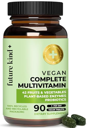 Future Kind Vegan Multivitamins Complete - 42-in-1 Vegan Multivitamins for Women & Men with Enzymes B12 Zinc & Probiotics for Digestion (90 tabs in Recycled Bottle)