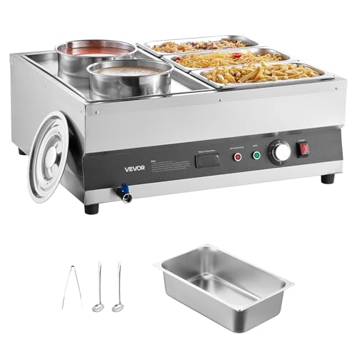 Image of VEVOR Electric Soup Warmer, Two 6.34QT Pots & Three 1 /3 Pans, Stainless Steel Commercial Food Warmer with 86~185F Adjustable Temp, 1500W Bain Marie, Soup Station for Restaurant, Buffet