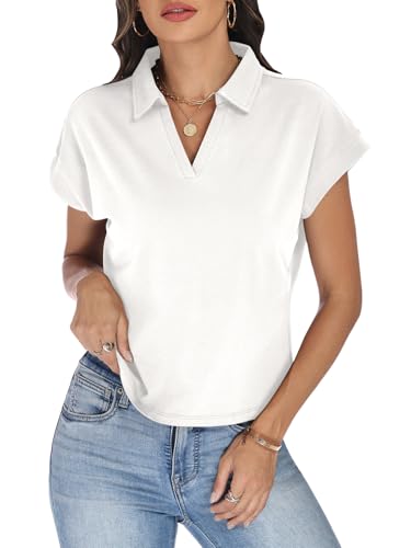 JDWZSI Womens Crop Tops Collared V Neck T Shirts Short Sleeve Polo Shirts