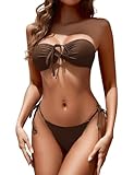 Zuvebamyo Women's Bandeau Bikini Sets O Ring Cinched Strapless Two Piece Swimsuit Tie Side Cheeky Bathing Suits Coffee S