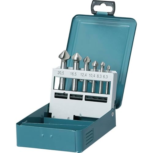 Makita D-42204 Kegelsenker-Set 6-teilig in Metallkassette, 90° Schneiden, Ø 6,3 - 20 mm, HSS-Stahl, für bspw. Metall, NE-Metall oder Holz, DIN335, Rundschaft
