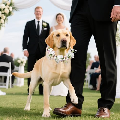pclapora Hunde Hochzeits Blumenhalsband, Hochzeitshalsband für Hunde, Hochzeitskleidung Blumenkranz Schleife Haustier Blumenring, Corsage Hund Blumen-Krone, für Hund Hochzeit Verlobung Party Outfit