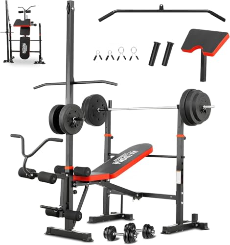MAIDOMA Foldable 1500LBS 8 IN 1 Olympic Weight Bench Set with Squat Rack, Leg Extension/Curl & Preacher Curl, Adjustable Bench Press Set with Safety Bar Catches for Home Gym Full Body Workout