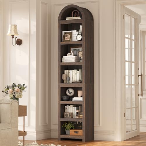 UPOSOJA 76' Tall Narrow Arched Bookcase,7-Teir Mid-Century Modern Bookshelf,Adjustable Shelves offering More Storage Space for Living Room,Kitchen,Home Office,Walnut