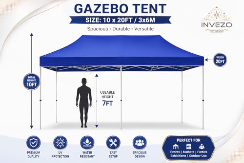 Image of Invezo Outdoor Gazebo Canopy Tent 10 x 20 feet - Waterproof Tent, 2 mins Installation with Metal sockets and Heavy top Cover (Blue, SEMI Premium (42 KGS))