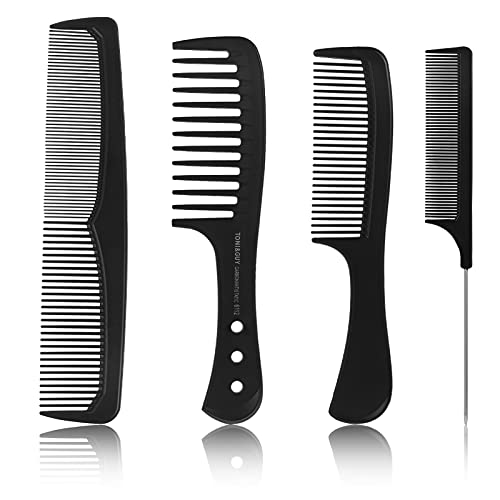 Popuppe 4 Stücke HaarKamm Set,Barbier Zahnkamm mit Griff Haarstyling Kamm Antistatischer Grobzinkiger,Schwarz Feiner Kamm/Breiter Kamm für Männer und Frauen Cover