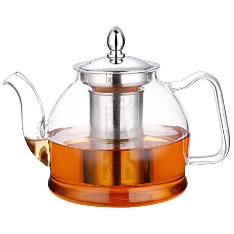 HIWARE 1000ml Glass Teapot with Removable Infuser, Stovetop Safe Tea Kettle, Blooming and Loose Leaf Tea Maker Set Cover