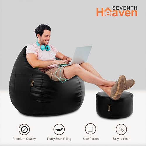 Image of Seventh Heaven 4XL Bean Bag Cover with Footrest and Cushion (Without Beans) | Premium Scratch Resistant Leatherette | (Leatherette Fabric - Black)