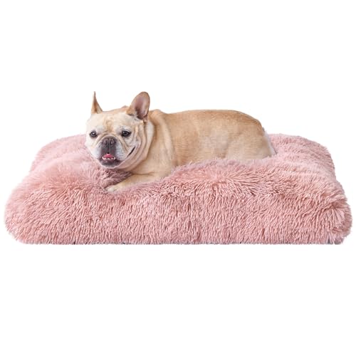 EHEYCIGA Fluffy Dog Crate Bed for Medium Dogs, Plush Faux Fur Pet Crate Pad, Calming Anti Anxiety Medium Pet Bed, Washable Soft Warm Dog Mat with Non-Slip Bottom, Pink