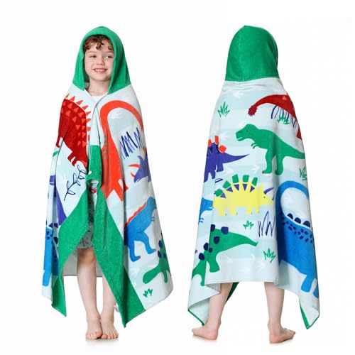 MOKANI Toallas de baño de playa con capucha para niños, algodón suave y grueso súper absorbente, 50 x 30 pulgadas, toallas de baño de playa para niñas y niños de 3 a 12 años, dinosaurio verde