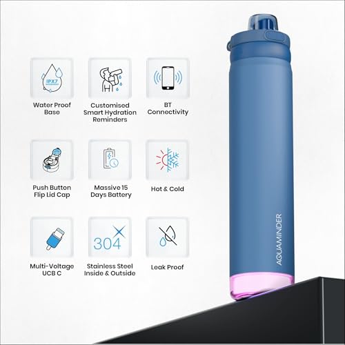 Image of Aquaminder Rio Prime+ Smart Water Bottle, 700 ml with Beep & Glow Reminder Double Wall Stainless Steel, Hot & Cold Retention, 15-Day Battery (Rio Prime+ Blue)