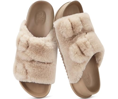 Image of KuaiLu Women's Fluff Slippers Plantar Fasciitis Arch Support Platform Slippers Ladies Fashion Open Toe Faux Fur Sliders Womens House Slipper Size 6-12