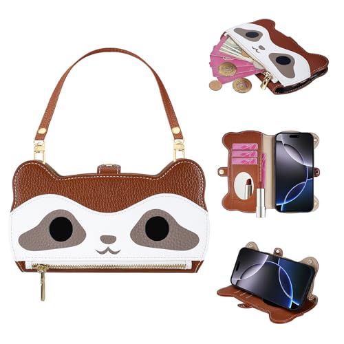 SINQERISHT Handykette Handyhülle für Huawei P30 Pro/P30 Plus Wallet Hülle Leder mit Reißverschluss Kartenfach Ständer und Armband【Spiegel】 Handytasche Magnetverschluss Waschbären Klapphülle