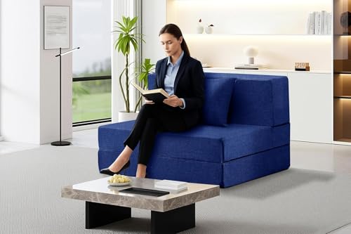 Image of Los Angeles Foldable One Seater Sofa Cum Bed, Sofa Bed 3 X 6 Feet, Jute Fabric- Washable Cover Including 1 Cushion Perfect for Home & Office - Blue