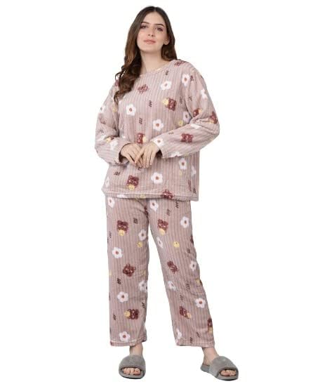 Women Printed Night Suit Pajamas Set Fleece Long Sleeve Warm Winter Sleepwear Pack of 1 Set-image-19