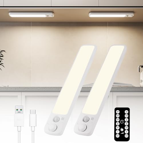 Wayrank Led Sottopensile Cucina Sensore: Armadio Sensore di Movimento Luci 25cm - Ricaricabile USB-C 1800mAh Batteria 3000/6000K con Telecomando Oscuramento a Distanza （2 pezzi）