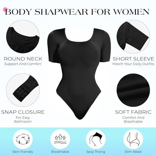 Image of Anygirl Short Sleeve Shapewear Bodysuit for Women Tummy Control Round Neck Body Shaper Seamless Thong Bodysuits T-Shirt Tops