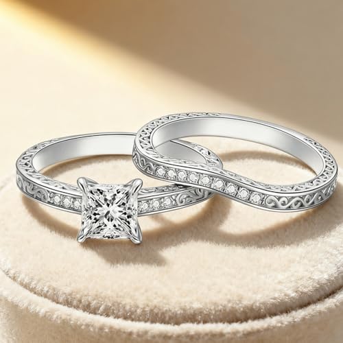 Vintage Bridal Ring Set for Women Princess Cut Bridal Sets Wedding Rings, 1-1/2 Carat(ctw) Moissanite Engagement Ring Set 925 Sterling Silver 10K 14K 18K Gold Engagement Ring Set Free Engraving4