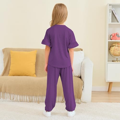 Image of Kids Girls Outfits Ruffle Sleeve T-Shirt Pants Set 2Piece 4-13 Years