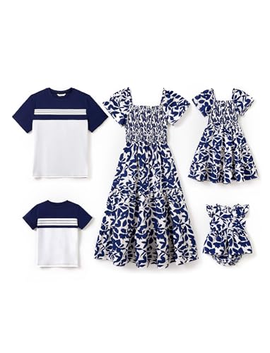 Image of PATPAT Family Matching Outfits Mommy and Me Dresses Floral Dress & T-Shirts | Mommy and Me Easter Dresses, Puff Sleeve Floral Sundress, Cotton Blend T-shirts, Couples Party Wedding Vacation Outfits
