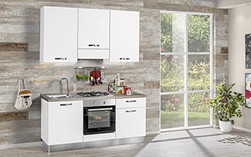 Cuisine complète d'appareils électroménagers (four, évier, hotte de cuisson) design linéaire - blanc mat- Dimensions: cm. 180 x 60 x 240- évier gauche