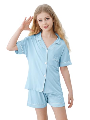Umeyda Girls Pajamas Set, 2Pj Nightwear Button-Down Sleepwear for Kid 2 Piece Lounge Sets, Light Blue, 7-8 Years = Tag 1402