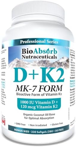 Vitamin D3 1000 IU + Vitamin K2 MK-7 (120 mcg). 330-Day Supply Of Vitamin D3 K2. Organic Coconut Oil Base For Optimal Absorption of K2 D3 Vitamin Supplement (330 Softgels of Vitamin D K2)