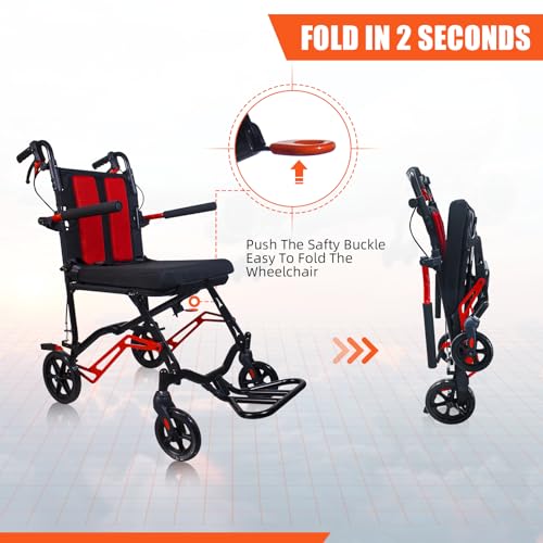 Rollstühle für Erwachsene, Transportrollstuhl, leicht, faltbar (nur 1 Sekunde), ultraleichter Rollstuhl mit Nach Hinten Faltbare Armlehnen, Aluminiumrahmen, ideal für Senioren und Reisen