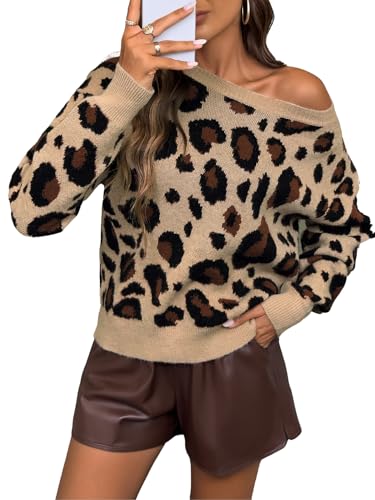 WDIRARA Women's Leopard Print Long Sleeve Pullover Sweaters Crewneck Drop Shoulder Knit Tops