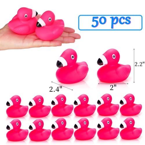 Image of Goaste 50 Pieces Flamingo Rubber Ducks Bulk, Pink Flamingo Bath Toys, Cute Floating Squeaky Bathtub Ducks for Baby Shower, Birthday Party, Cake Decoration, Classroom Prizes