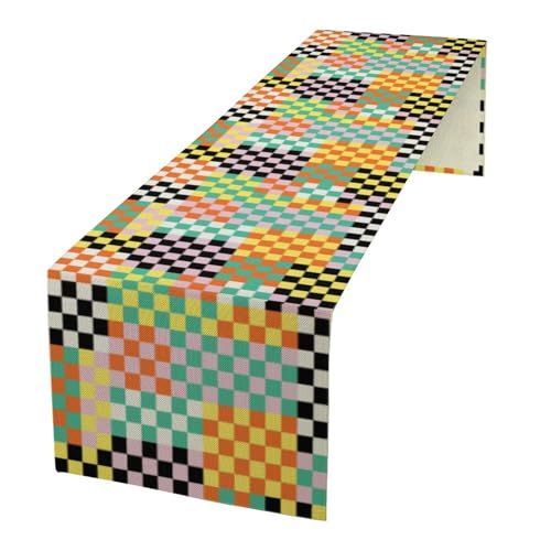 Retro Plaid Table Runner,Hippie Groovy Colorful Abstract Geometric Table Runner for Home Indoor Outdoor Kitchen Holiday Party Wedding Decor 13x36 Inch