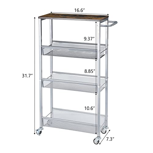 4 Tier Slim Storage Cart, Shelving Unit For Small Space, Slide Out Narrow Kitchen Cart With Wood Top, Metal Handle And Wire Mesh Rolling Cart For Narrow Space On Kitchen, Bathroom, Silver. #TOP6