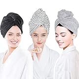 3 Pack Hair Towel Wrap for Women, Ultra Soft Hair Drying Towels, Anti-Frizz & Super Absorbent Hair Turban, Suitable for Curly, Long & Thick Hair (Gray&Dark Gray&Stripe)