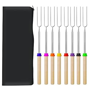 Barbecue Forks-8 Pack Marshmallow Roasting Sticks Extendable Stainless Steel 32 Inch U Shape Hot Dog Fork with Wooden Handle Grilling Skewers for Fire Pit and BBQ Campfire Party