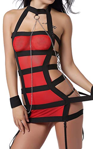 High Elastic Rubber Band Together Tight Miniskirt Babydoll Lingerie And Garter (S, Black + Red)