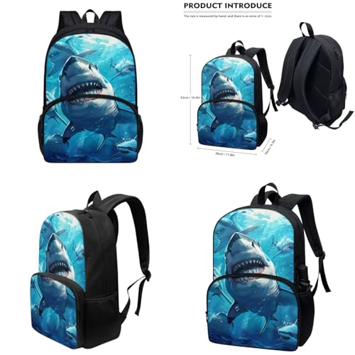Blue Shark Bookbag and Lunch Box Set for Girls 17 Inch Tween Backpack Boys 4 In 1 Set Little Kid Elementary Student Lightweight Water Bottle Holder with Strap Large Capacity Pencil Case3
