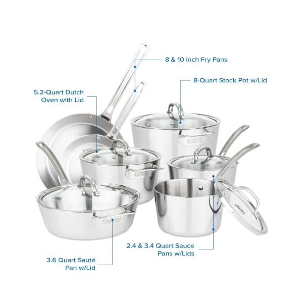 Viking culinary contemporary 3 ply stainless steel cookware set with glass lids 12 piece dishwasher oven safe works on all cooktops including induction  urban country home decor