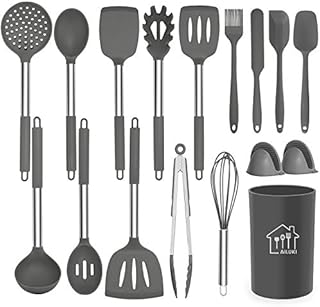 Silicone Cooking Utensil Set,Kitchen Utensils 17 Pcs Cooking Utensils Set,Non-stick Heat Resistant Silicone,Cookware with Stainless Steel Handle - Grey