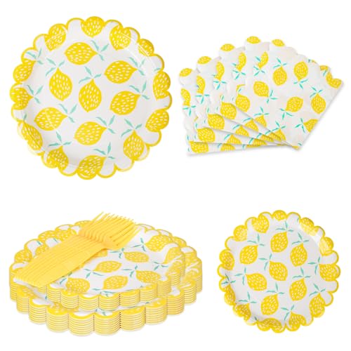 Cilifay 102 Pcs Summer Paper Plates Napkins Forks for 24 GuestsLemon Party Decorations for Summer Lemon Plates and Napkins for Birthday Decorations